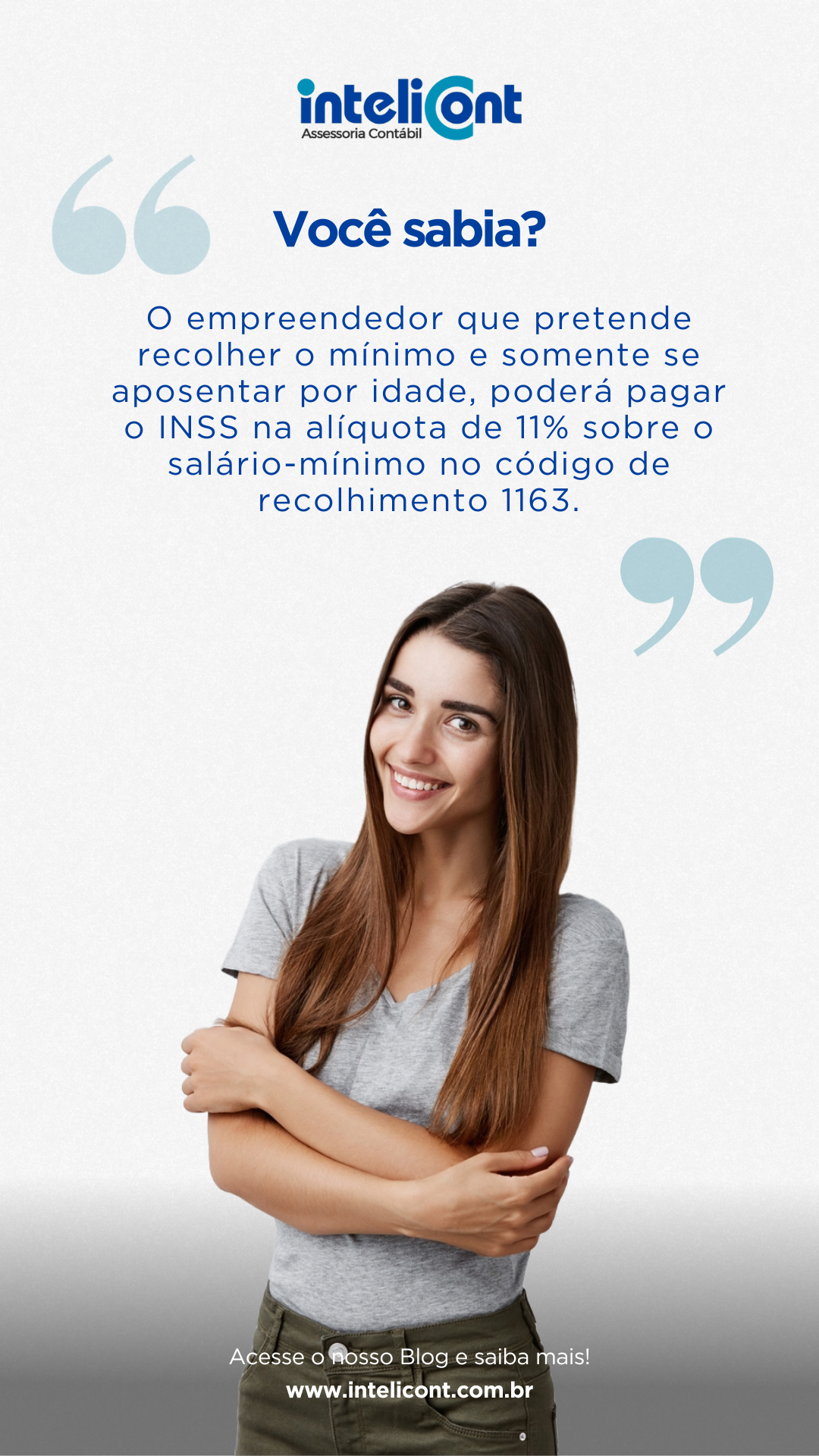 Informativo da Intelicont explicando sobre a contribuição mínima ao INSS para aposentadoria por idade com código de recolhimento específico.