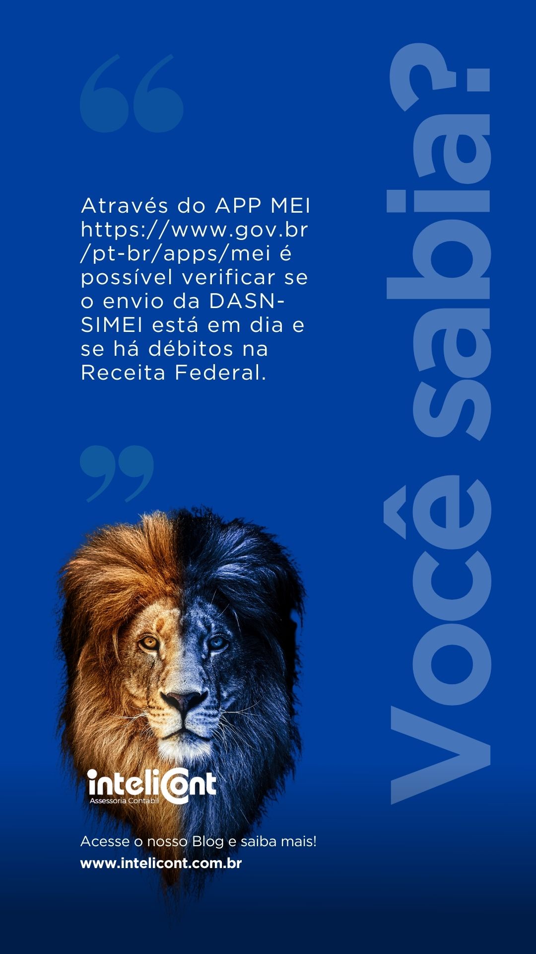 Card informativo da InteliCont em fundo azul, com a imagem de um leão metade em cores naturais e metade em tons escuros. Ao lado, um texto explica que pelo aplicativo MEI é possível verificar pendências da DASN-SIMEI junto à Receita Federal.