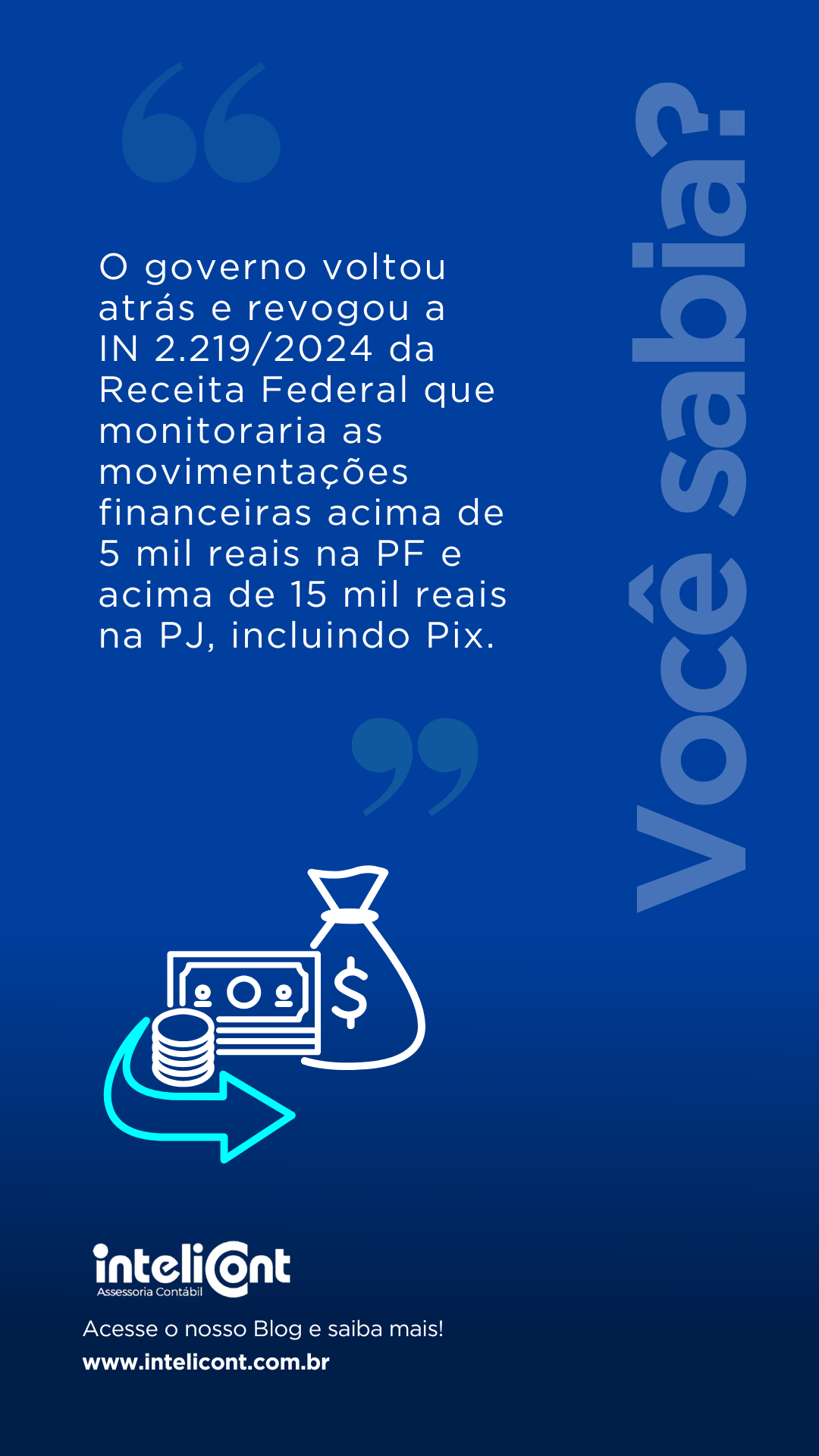 Imagem com ícone de moeda e saco de dinheiro. Texto comunica que a Instrução Normativa 2.219/2024 da Receita Federal foi revogada, e o monitoramento de transações via Pix acima de determinados valores não será mais exigido.